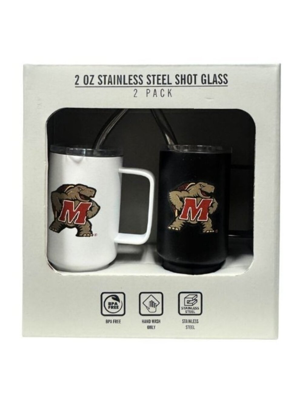 Maryland Terrapins 2Pack Shot Glass Steins Stainless Steel Metal Straw Vac Seal